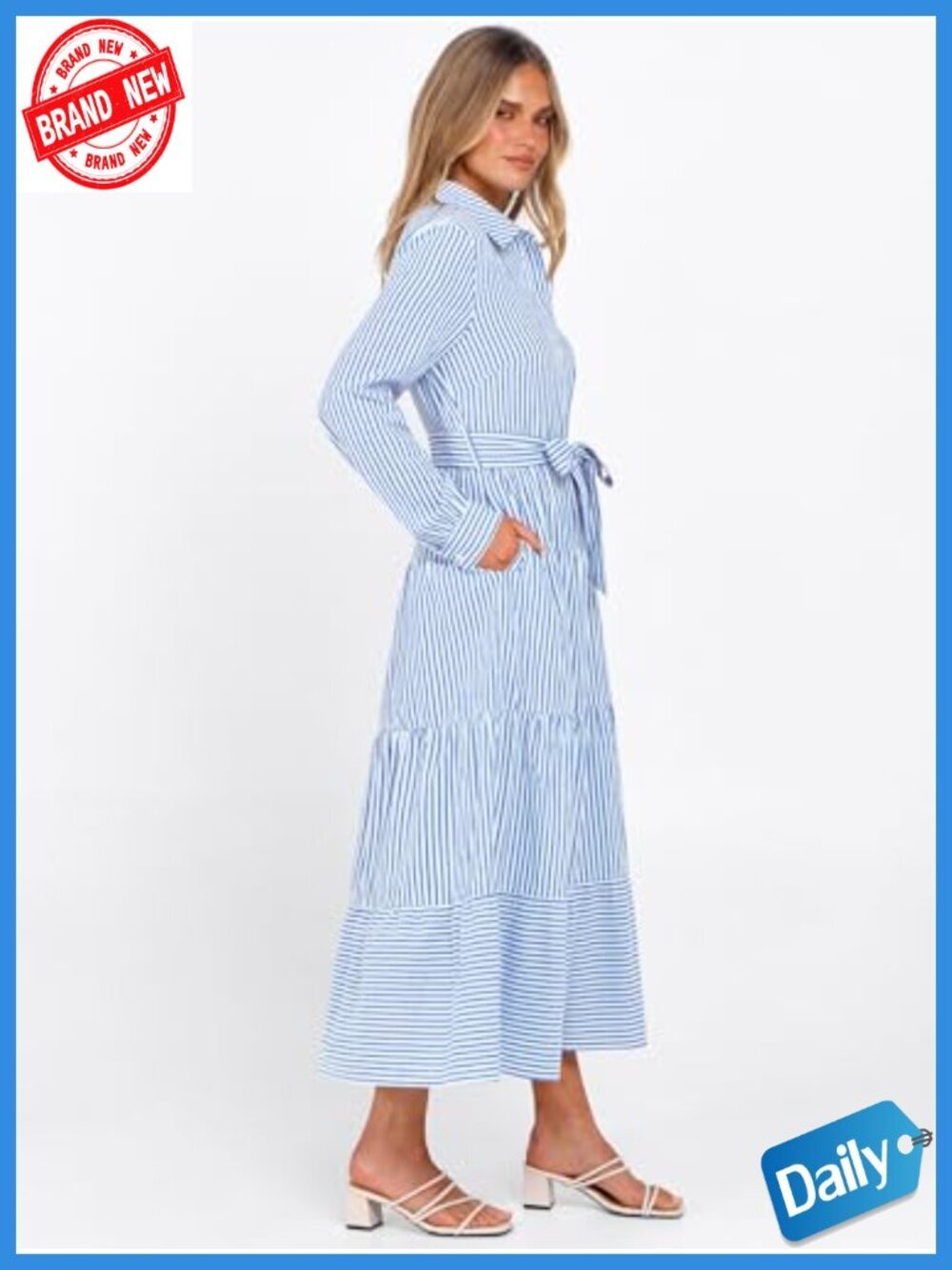 Long Sleeve Striped Flowy Maxi Dress with Button Down Ruffle Hem - Casual - Picture 3 of 6
